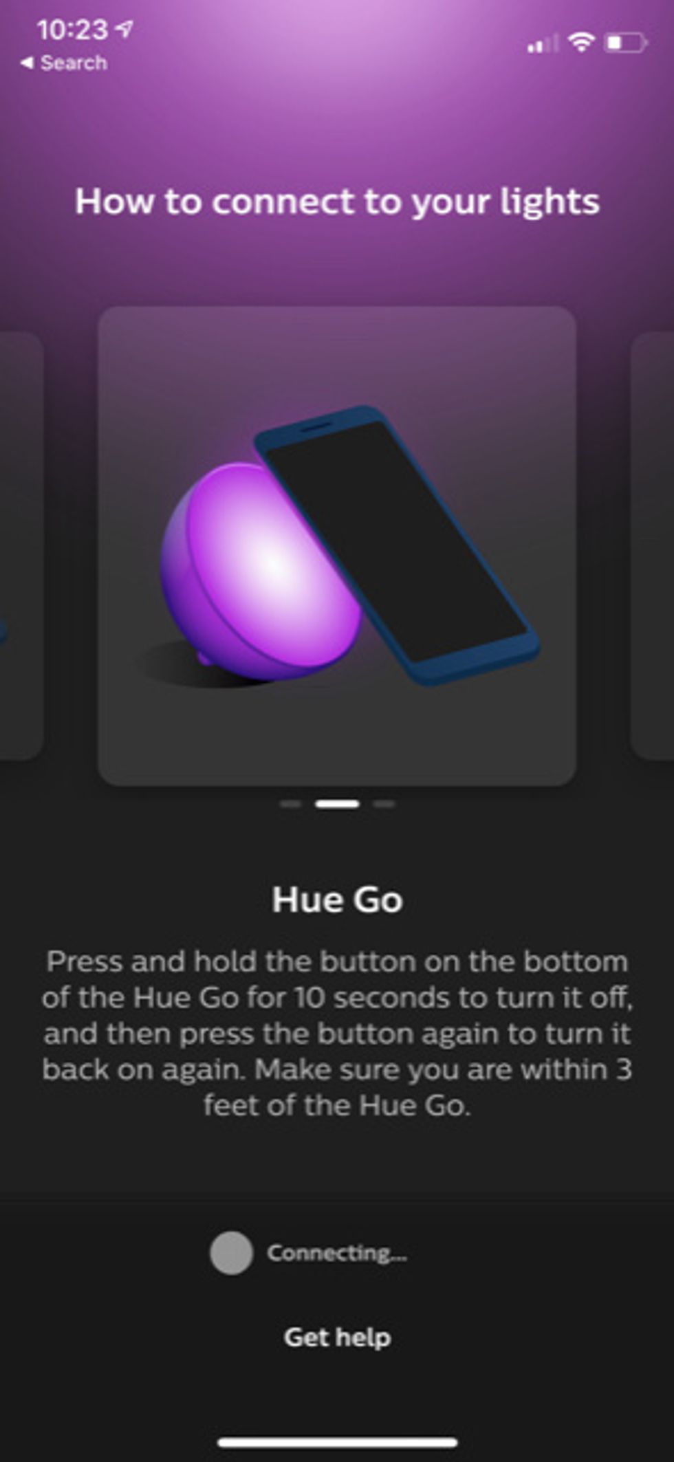 A screenshot of the Philips Hue Bluetooth app that tells you how to connect