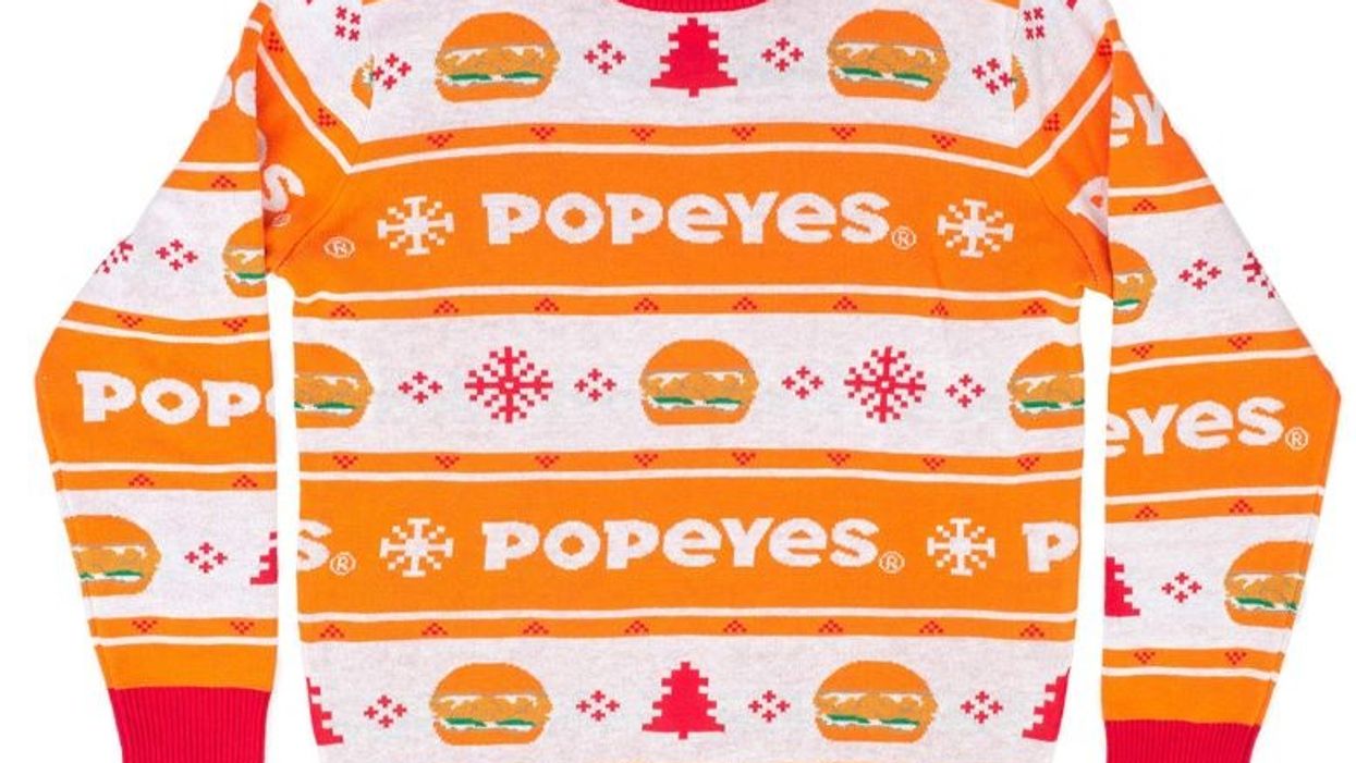There's an ugly Christmas sweater with Popeyes' chicken sandwiches on it