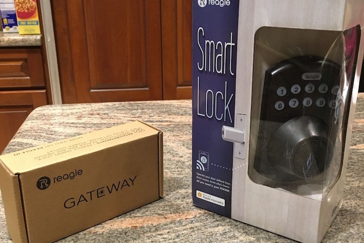 Reagle Smart Lock and Gateway on a counter.