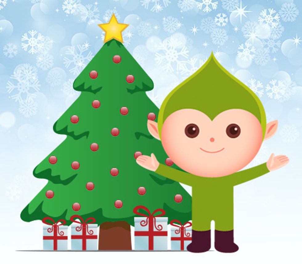 An Elf standing next to a Christmas tree and presents