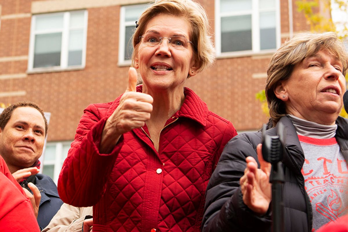 Sen. Elizabeth Warren speaks to striking Chicago teachers on Oct. 22, 2019.