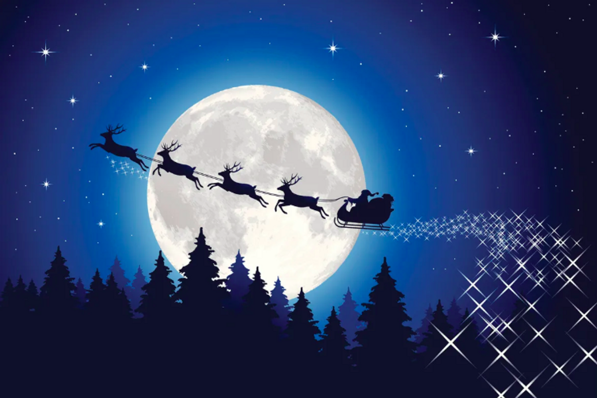 Santa flying in his sleigh across the moon