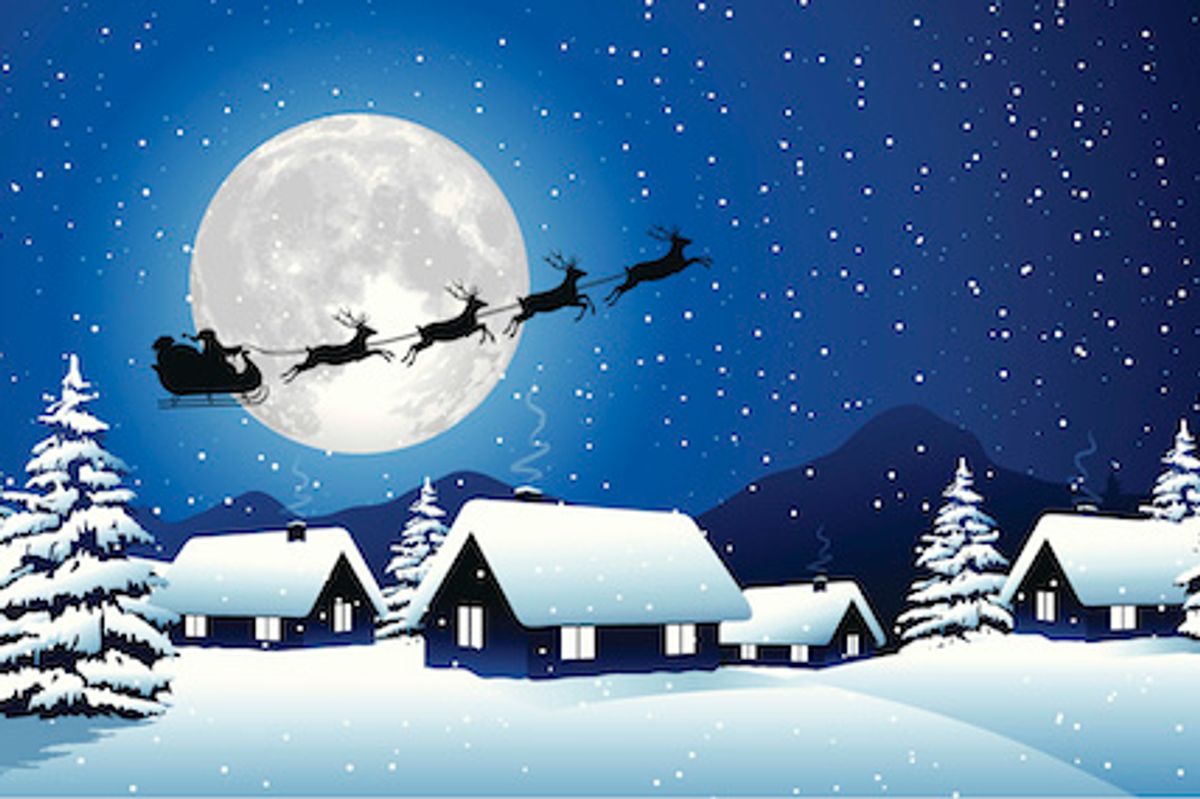 Santa and his sleigh riding across the moon