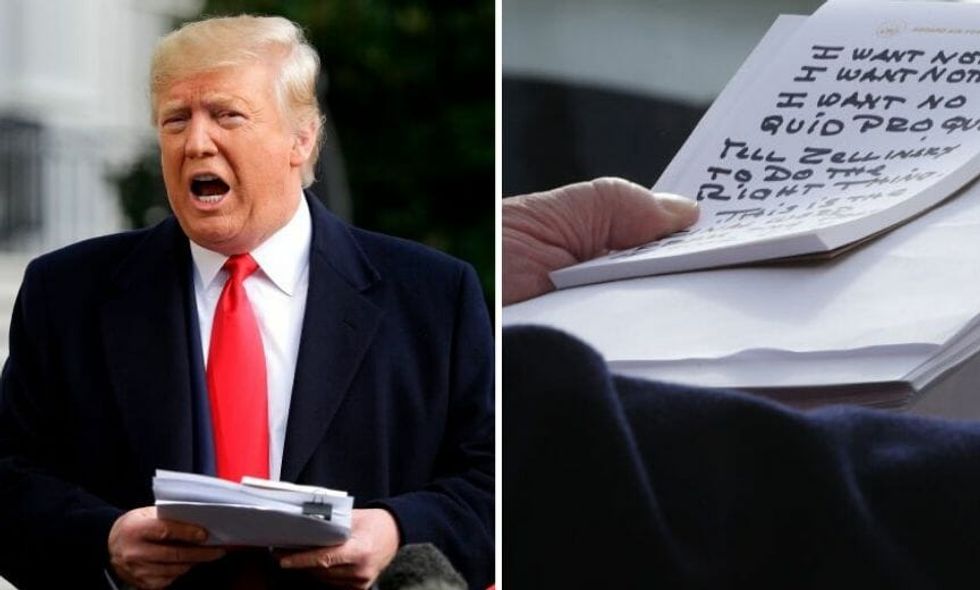 Donald Trump Is Getting Mocked Hard After Photographer Captures His 'No Quid Pro Quo' Talking Points