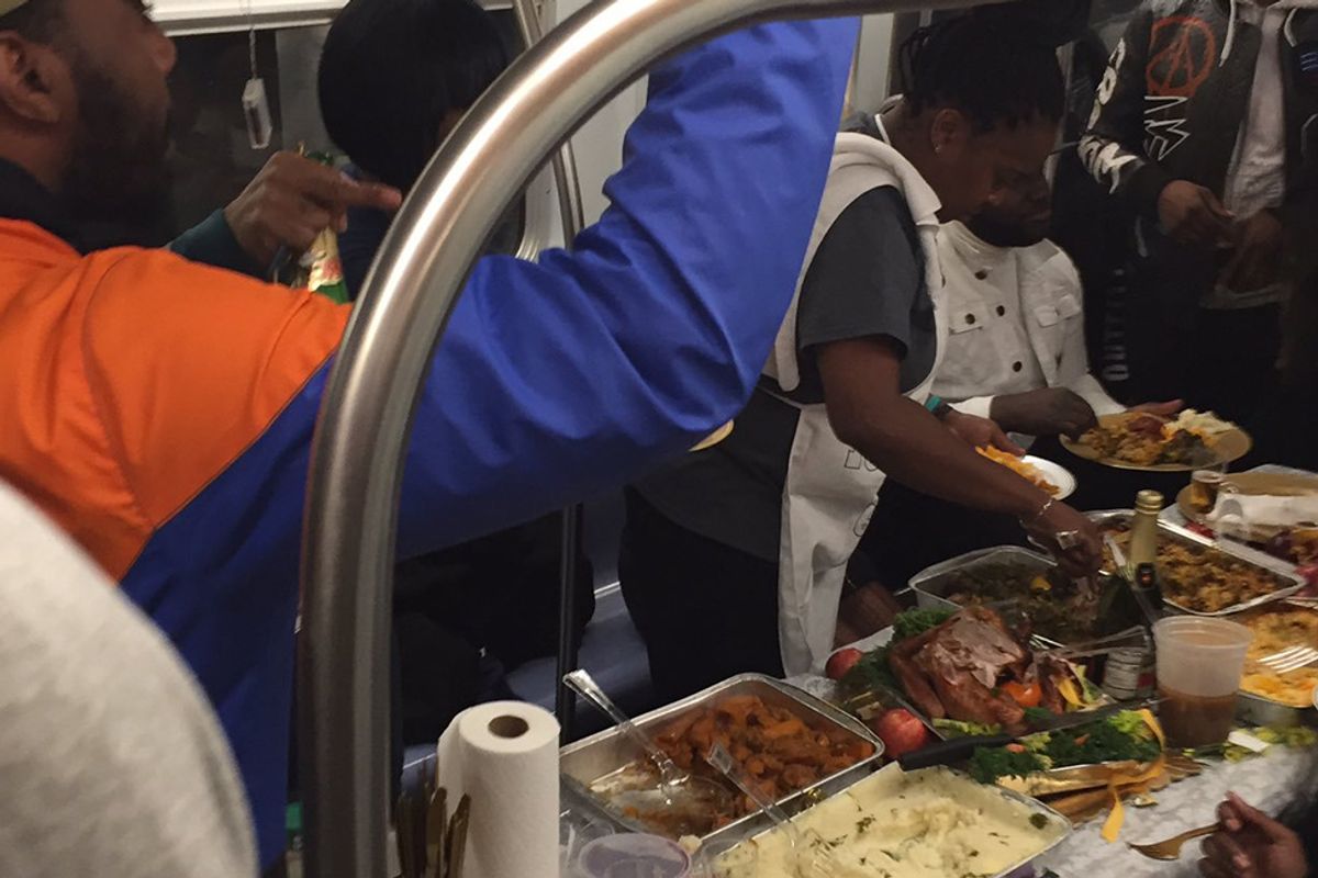 New Yorkers came together for a Thanksgiving dinner on the subway