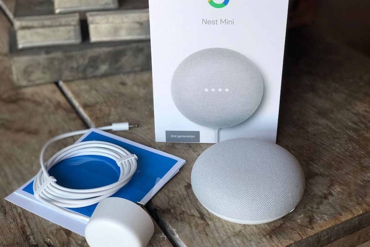 The Nest Mini outside of the box with a gray color