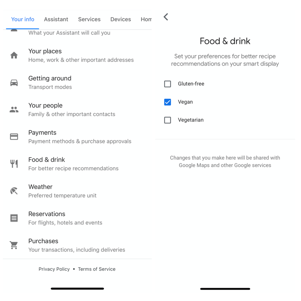 Google Assistant dietary requirement options