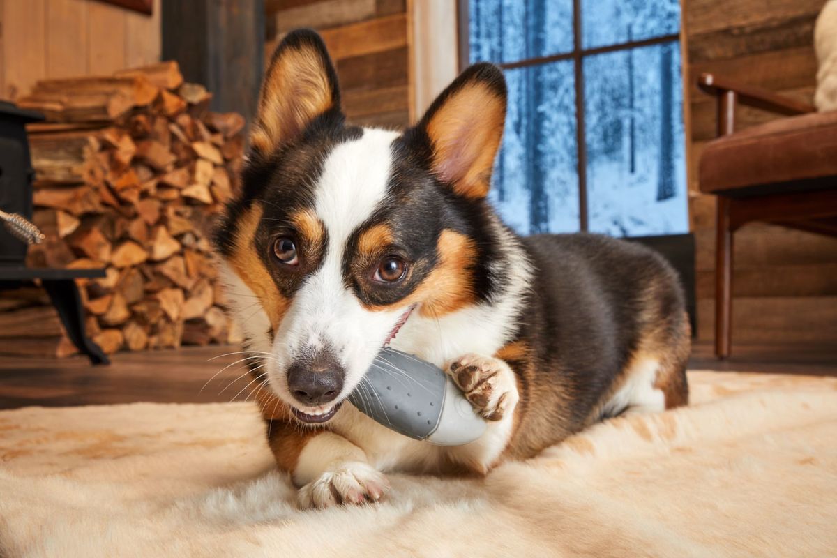 Black and brown Corgi chewing on a toy from Super Chewer in a log cabin