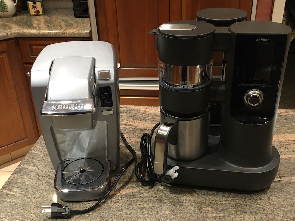 a photo of keurig and chime next to each other on a countertop.