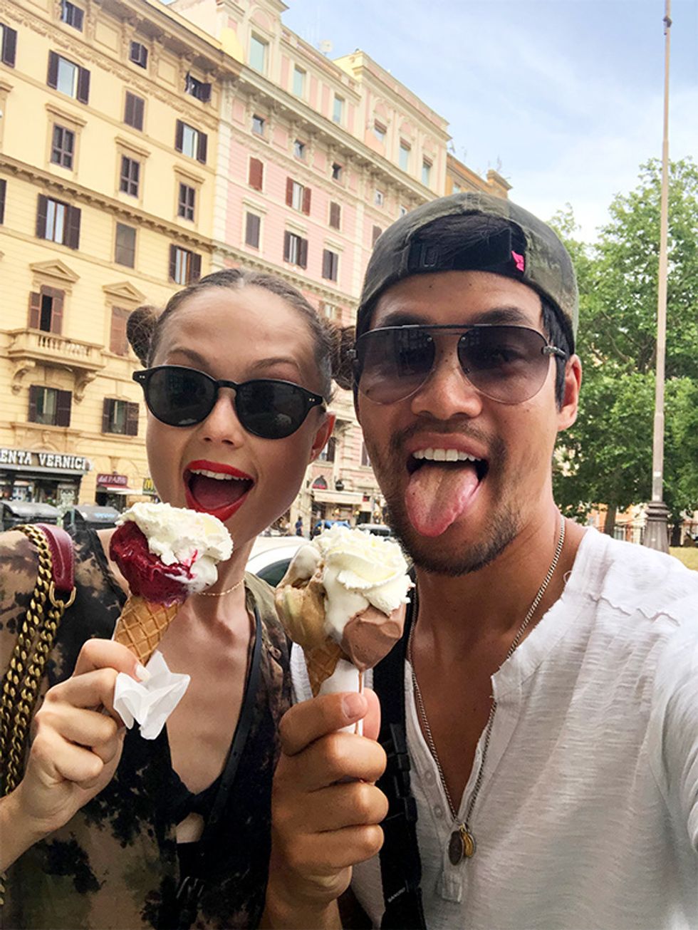 Actor David Lim and wife Marketa Kazdova eating ice cream (gelato) cones in Rome.
