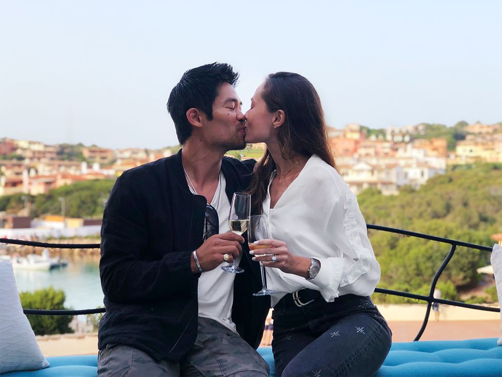 Actor David Lim and wife Marketa Kazdova drinking Champagne in Croatia on their honeymoon.