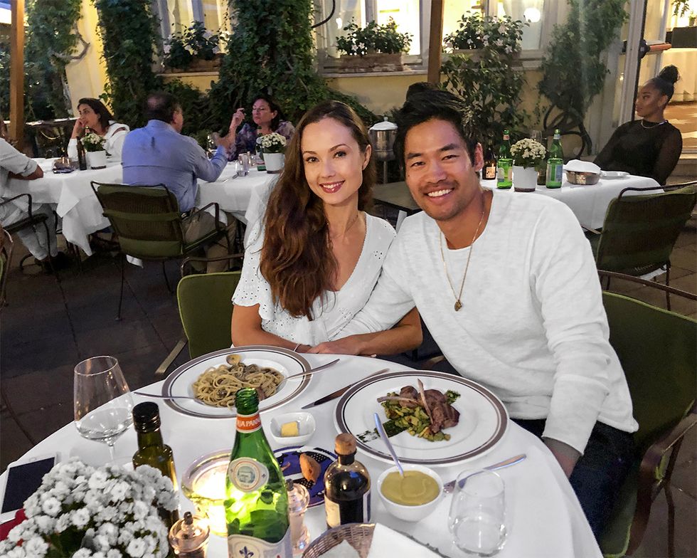 Actor David Lim and wife Marketa Kazdova having a romantic Italian meal in Rome.