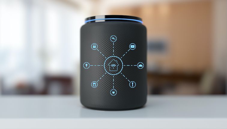 A smart speaker with smart home icons over it