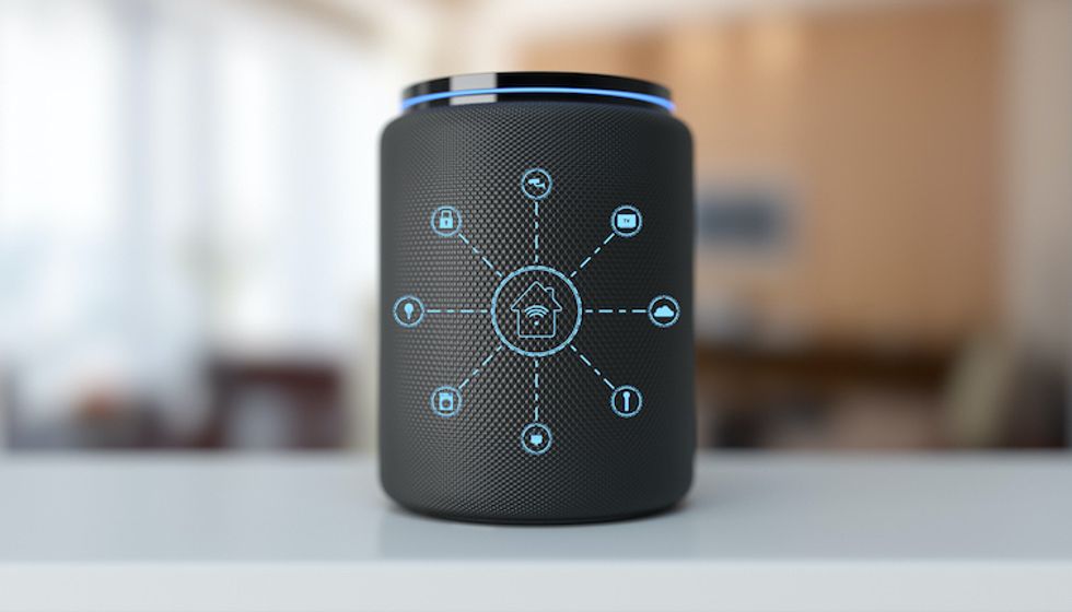 A smart speaker with smart home icons over it