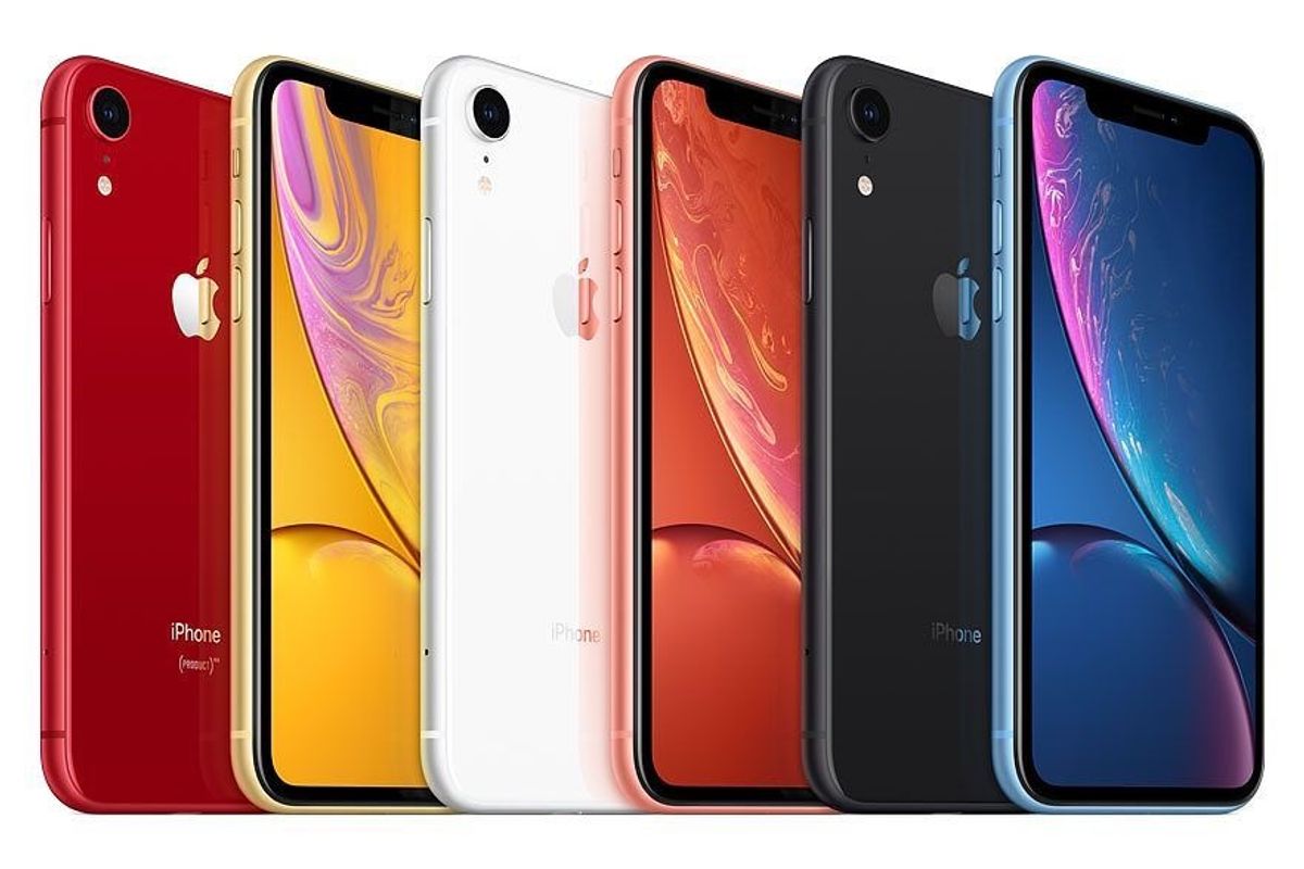 The Apple iPhone XR in six different colors including red, yellow, white and blue