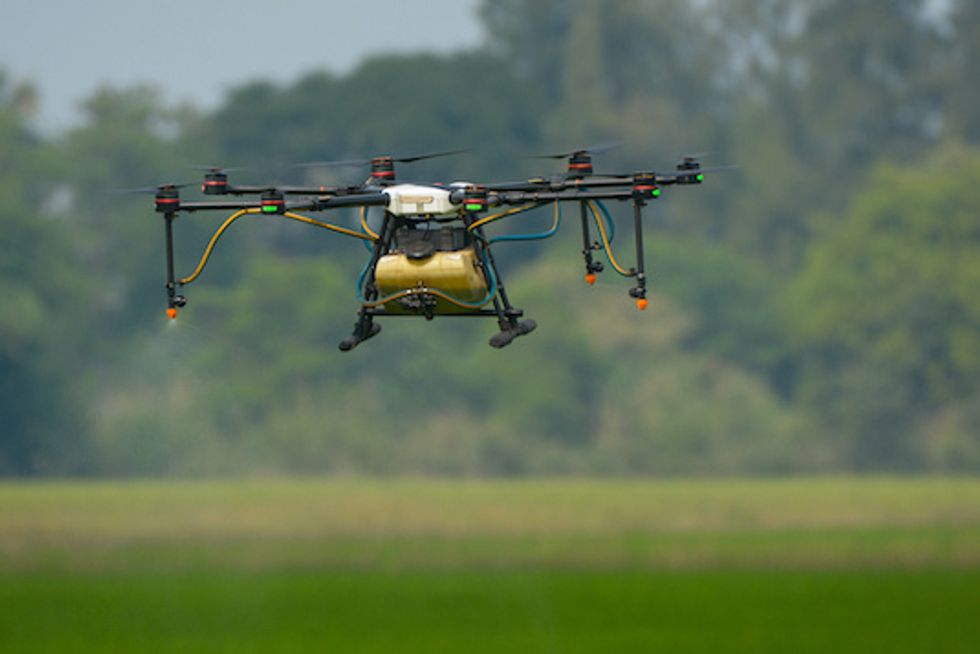 Agricultural drone working in rice field