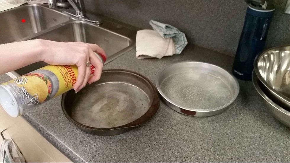 Distribute the batter evenly into the two greased pans B+C Guides