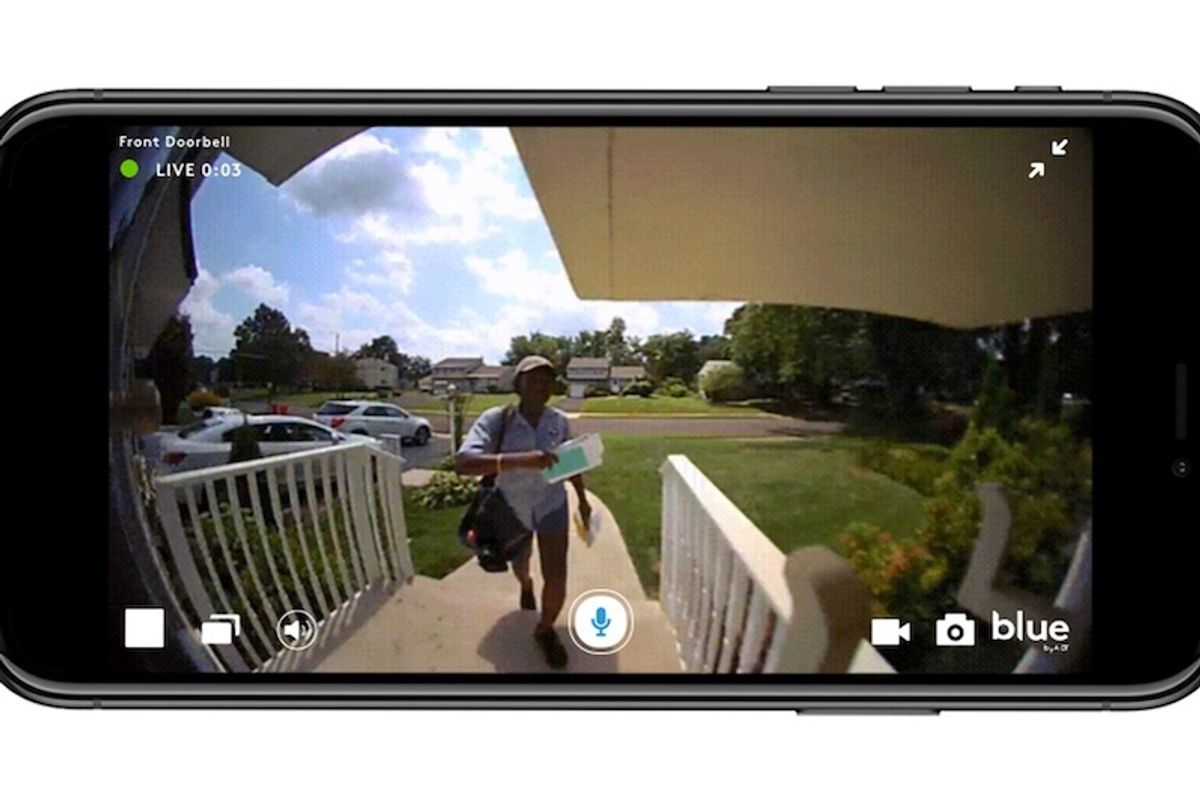 A screenshot of the Blue by ADT app open to the Blue by ADT doorbell camera view