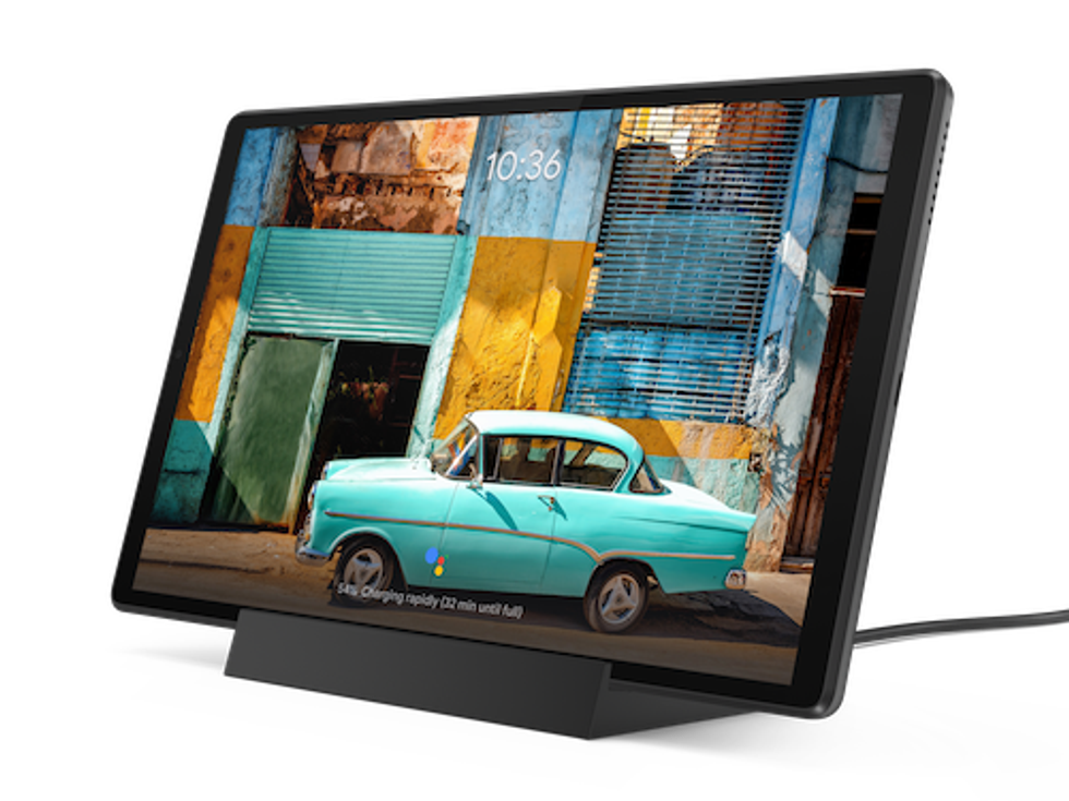 The Lenovo Smart Tab M10 on its charging station