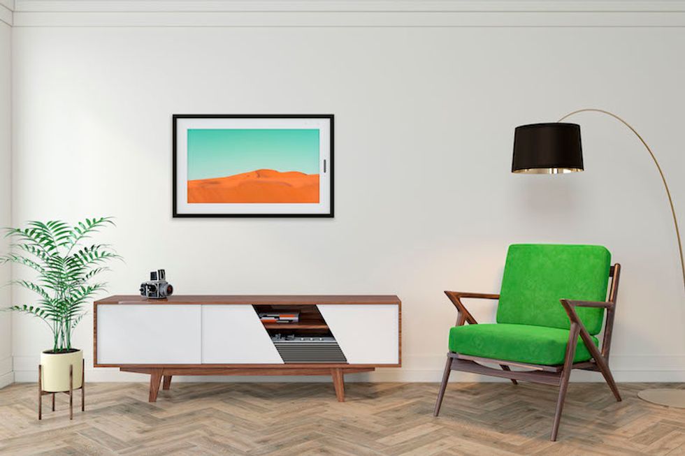 Mid century modern interior empty room with white wall, dresser, console, yellow lounge chair, armchair, floor lamp, wood floor. 3d render illustration mockup.