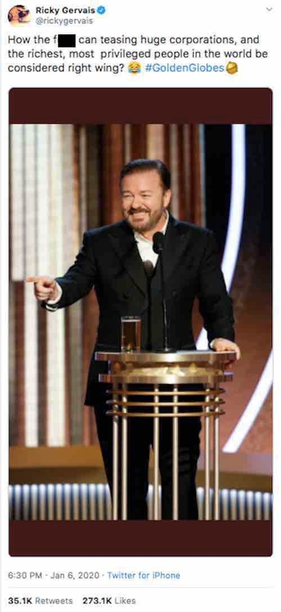 Ricky Gervais Crushes Humorless Left Wing Critics Offended By His Two Fisted Golden Globes 