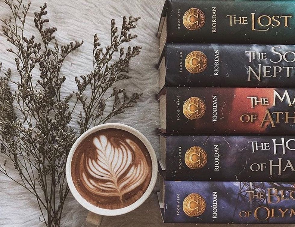 An aesthetically pleasing photo of Rick's Riordan's hardcover books, "The Heroes of Olympus." This comes after "Percy Jackson & The Olympians," but still features characters from the beloved Camp Half-Blood. 