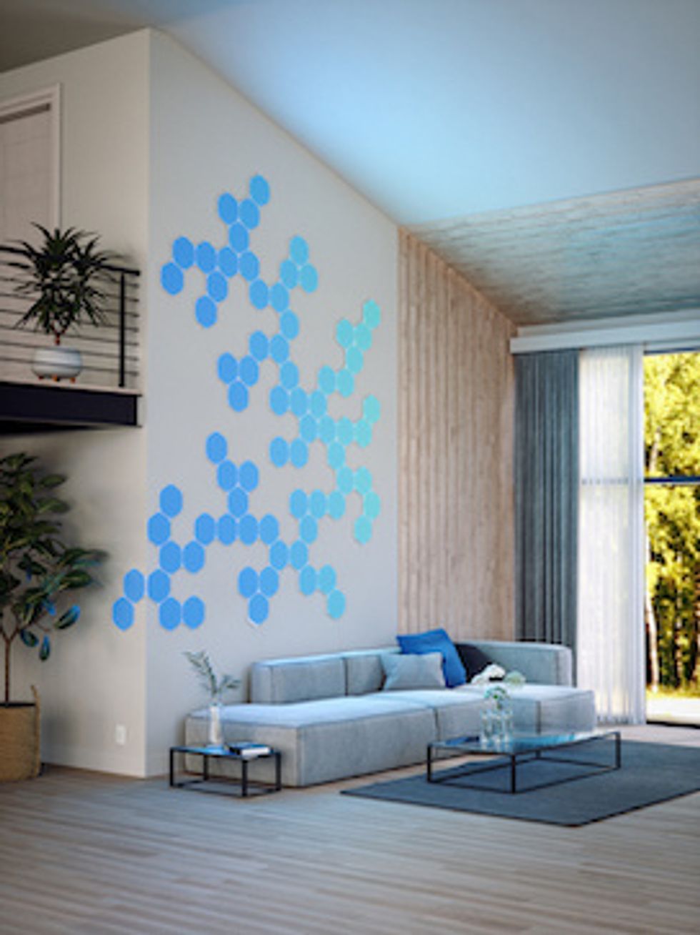Nanoleaf light tiles in blue on a beige wall