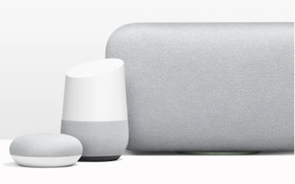 Three Google Home devices including the Google Home Mini