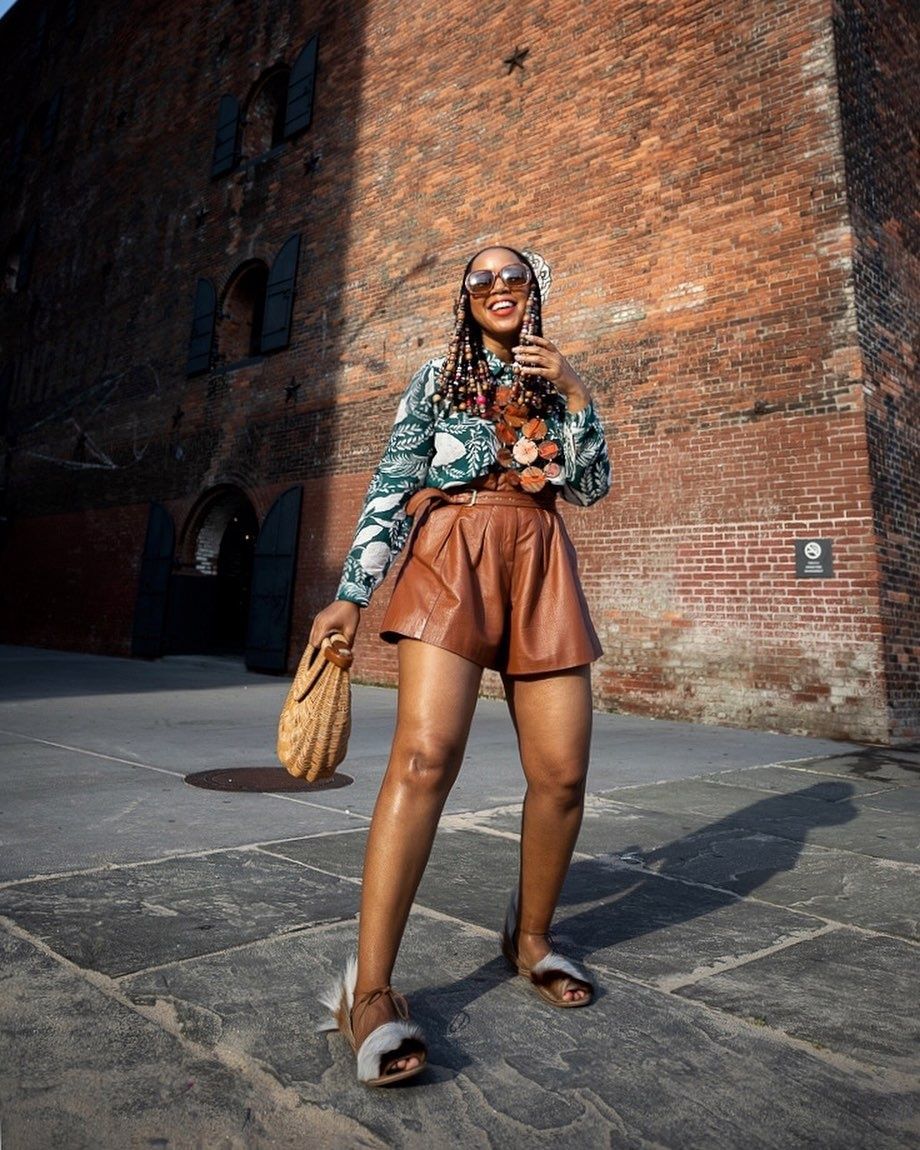 Brown leather mini shop skirt street style