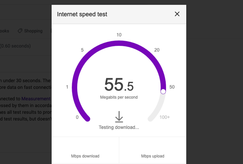 Screenshot of Google Internet Speed test