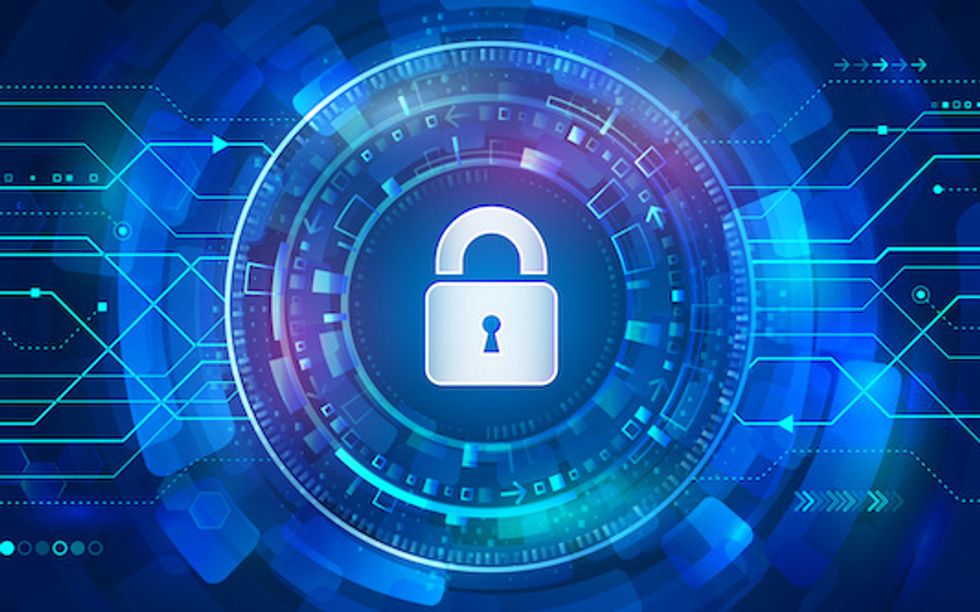 Cyber padlock for internet protection. Computer data defense. Global network security.