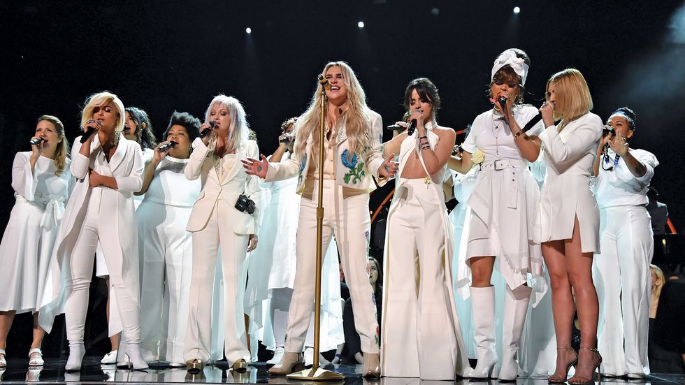 Kesha, Cyndi Lauper, Andra Day, Camila Cabello, Julia Michaels, and Bebe Rexha at the GRAMMY Awards in 2018.