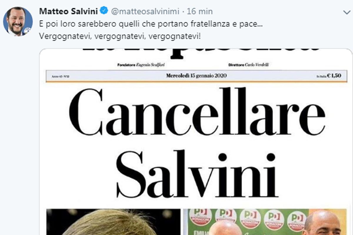 «Repubblica» svela il suo odio: Salvini va cancellato