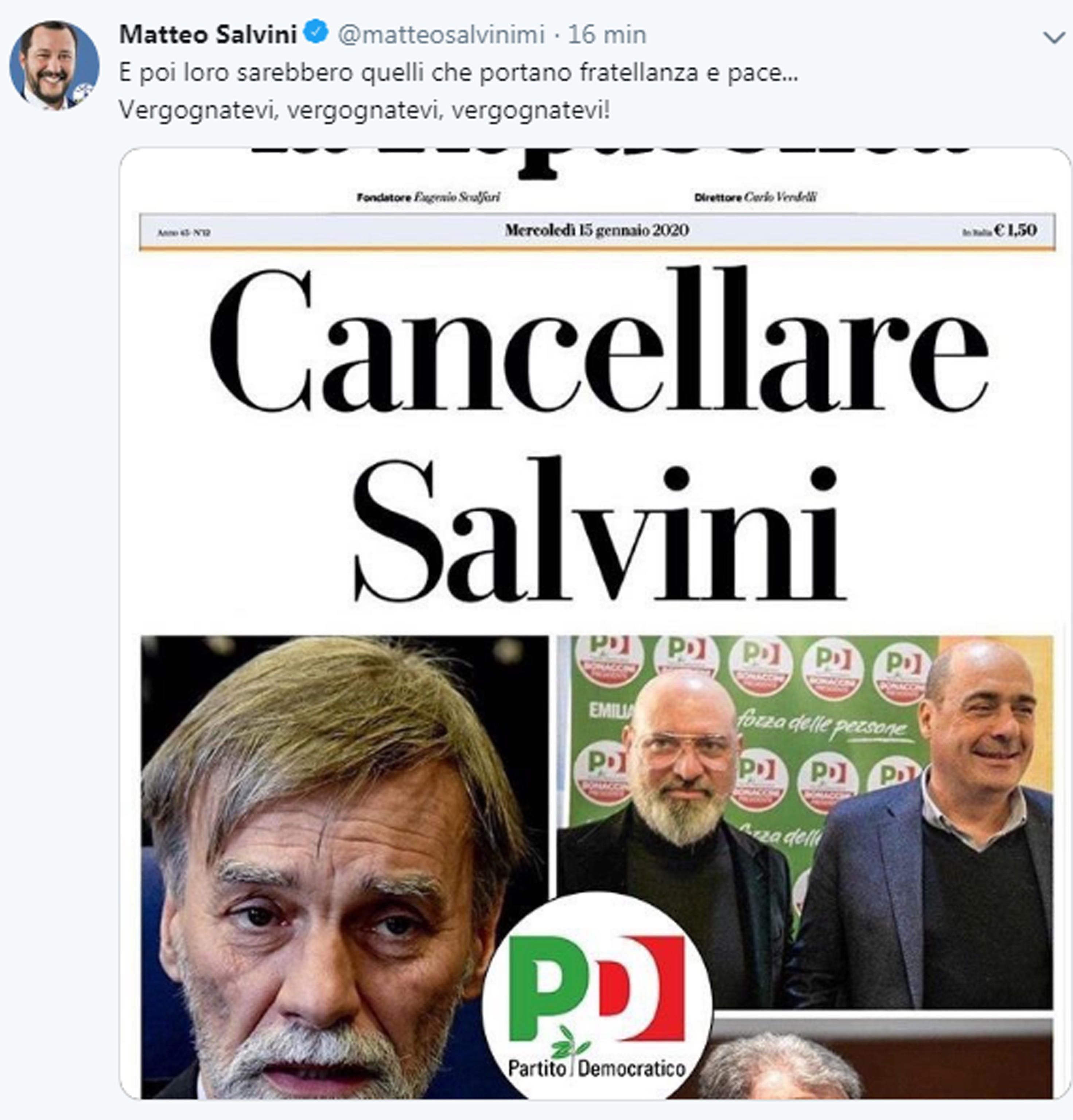 «Repubblica» svela il suo odio: Salvini va cancellato