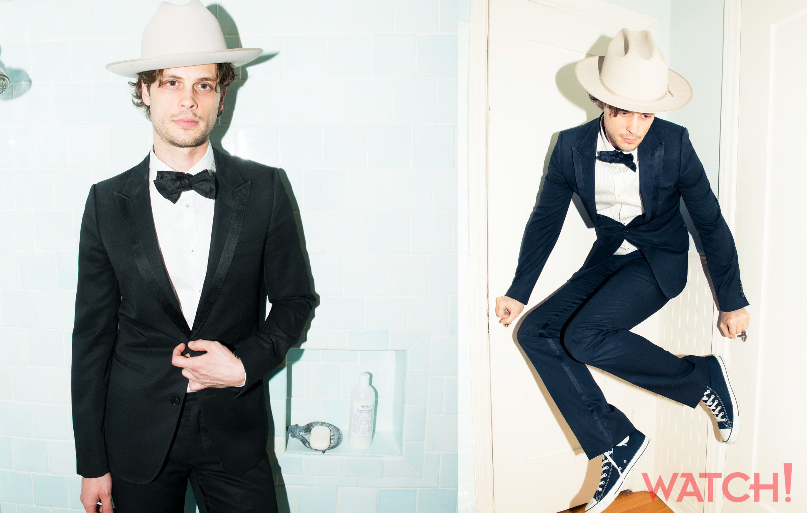 Matthew Gray Gubler in a black tux with a bowtie and Converse sneakers.