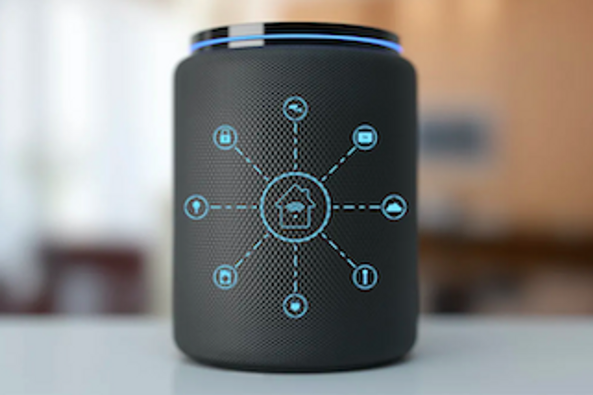 A smart speaker with smart home icons