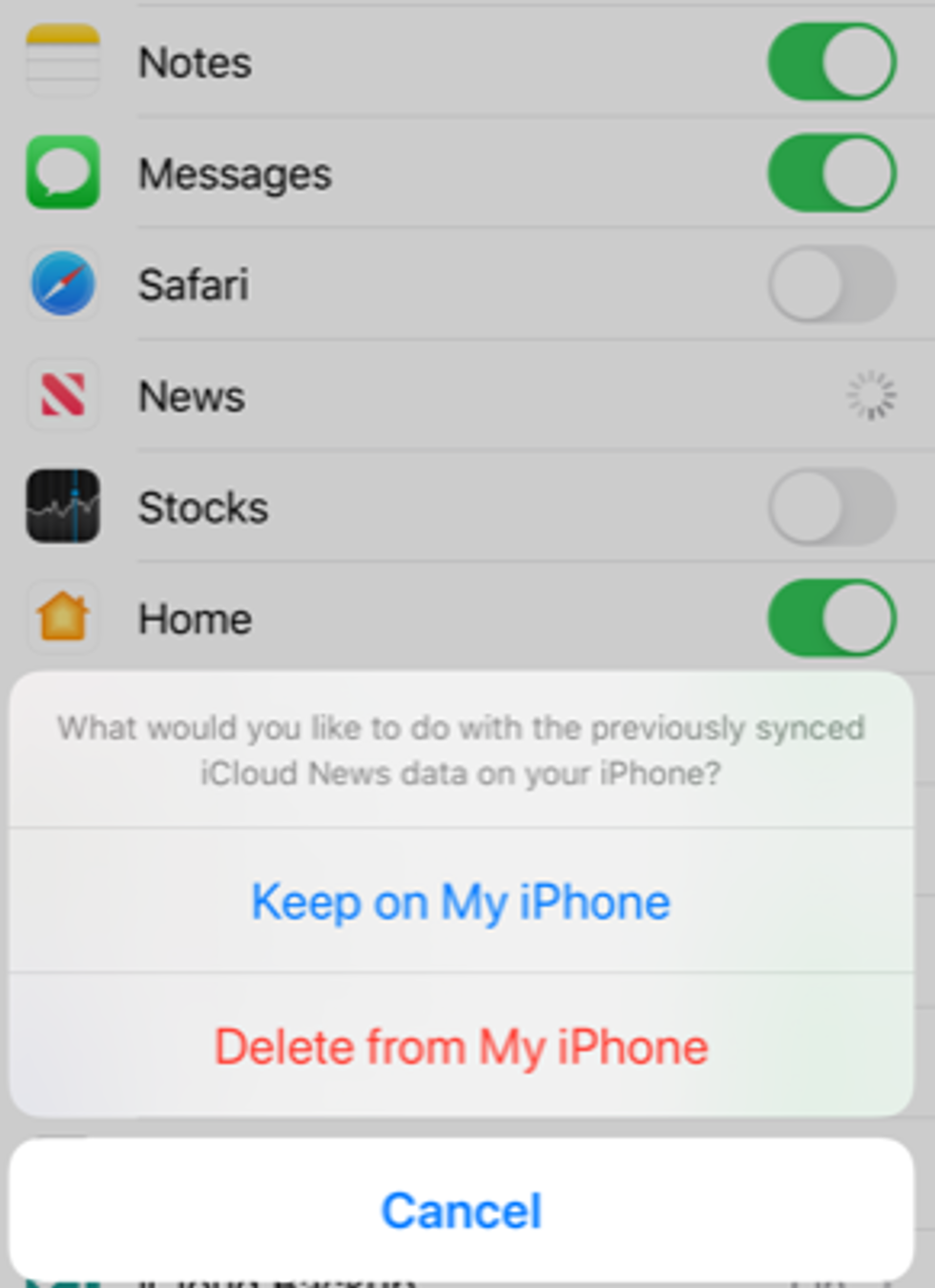 Screenshot of warning before deleting data
