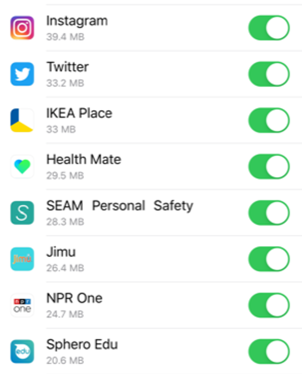 A screenshot of apps in the Settings of an iPhon