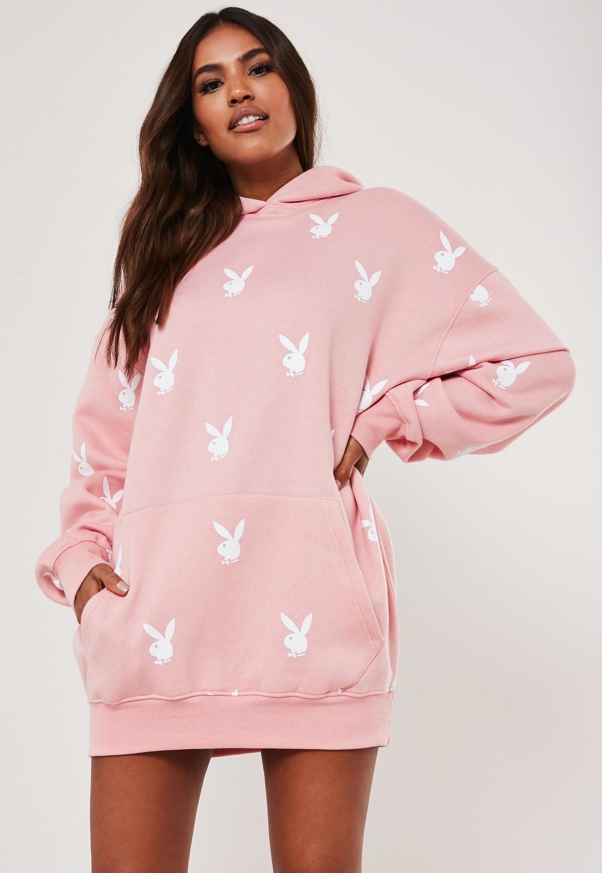 Playboy x missguided pink repeat print oversized hoodie dress new arrivals