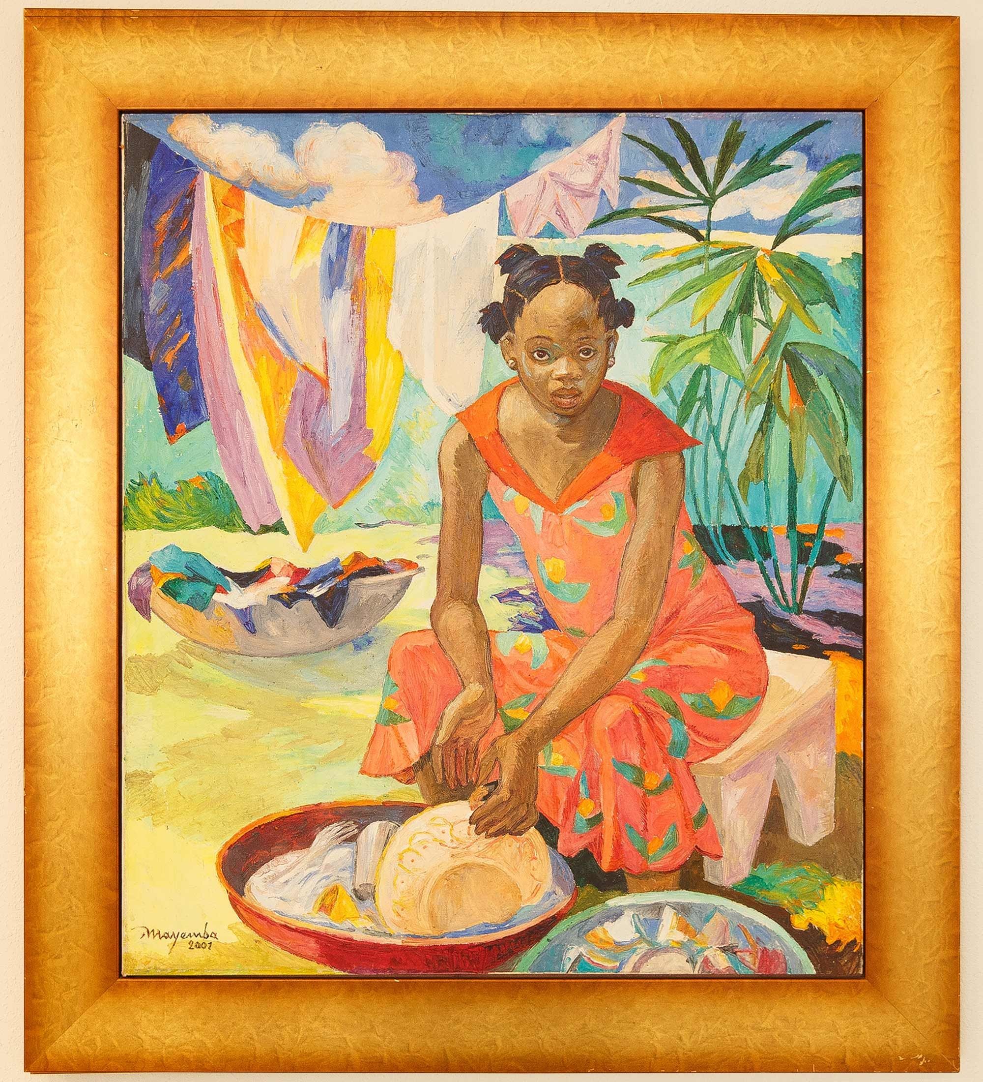 Painting of a woman doing laundry by Congolese artist Mayemba.