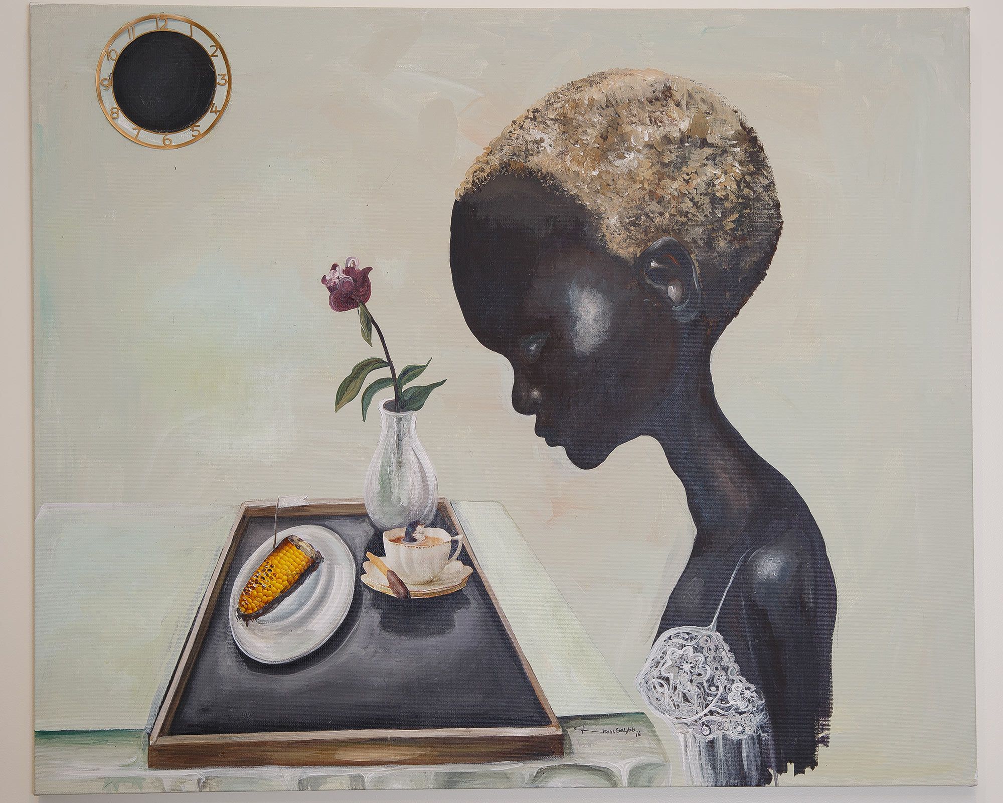 Painting of woman staring at a tray of coffee and half a corncob.