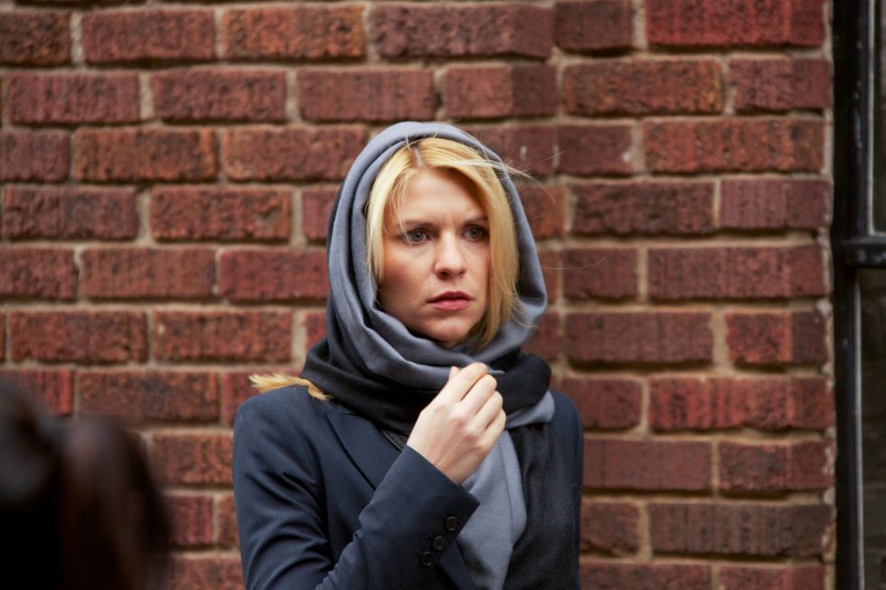 Claire Danes wearing a head shawl