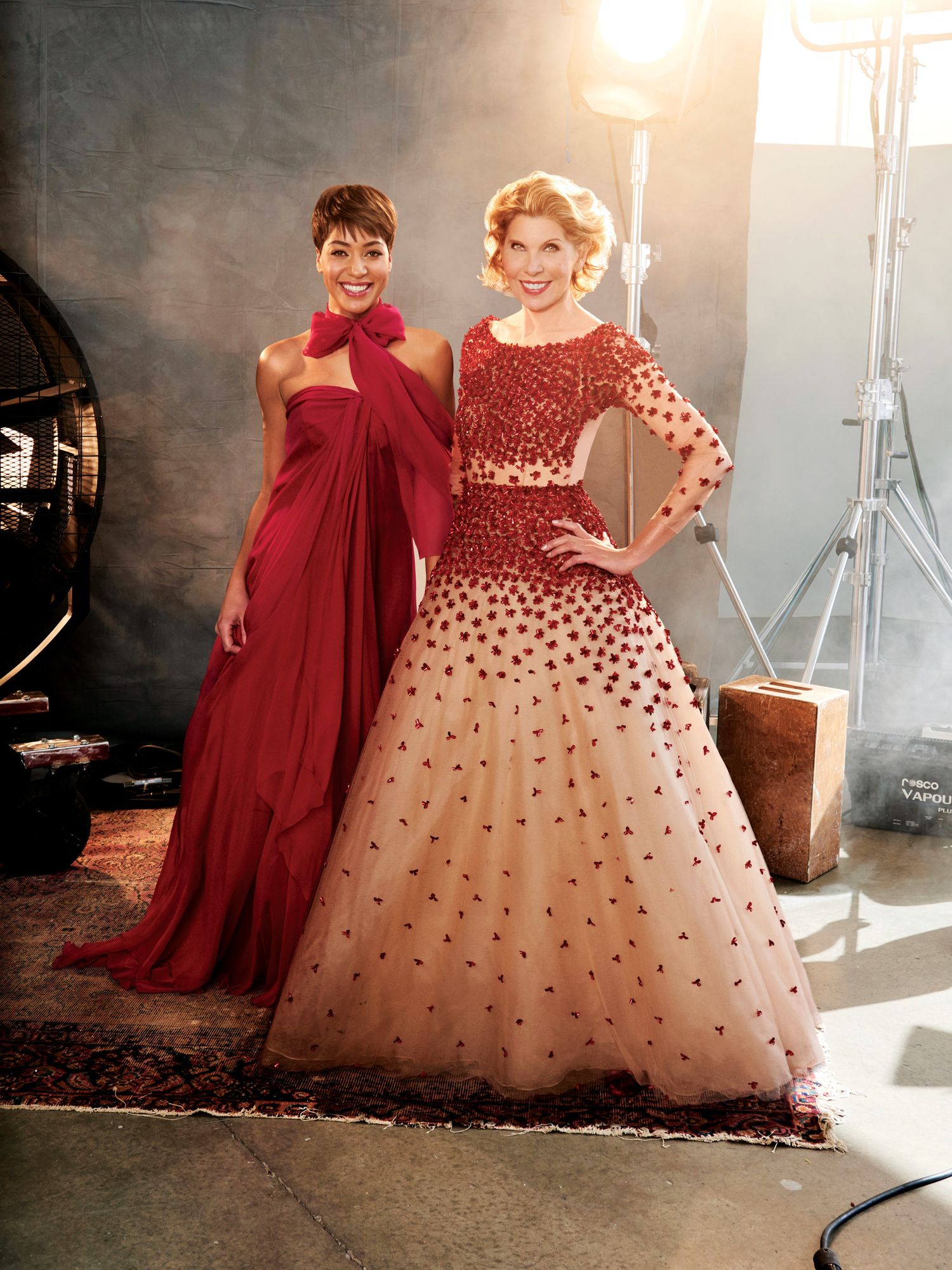 Cush Jumbo and Christine Baranski in red ball gowns.