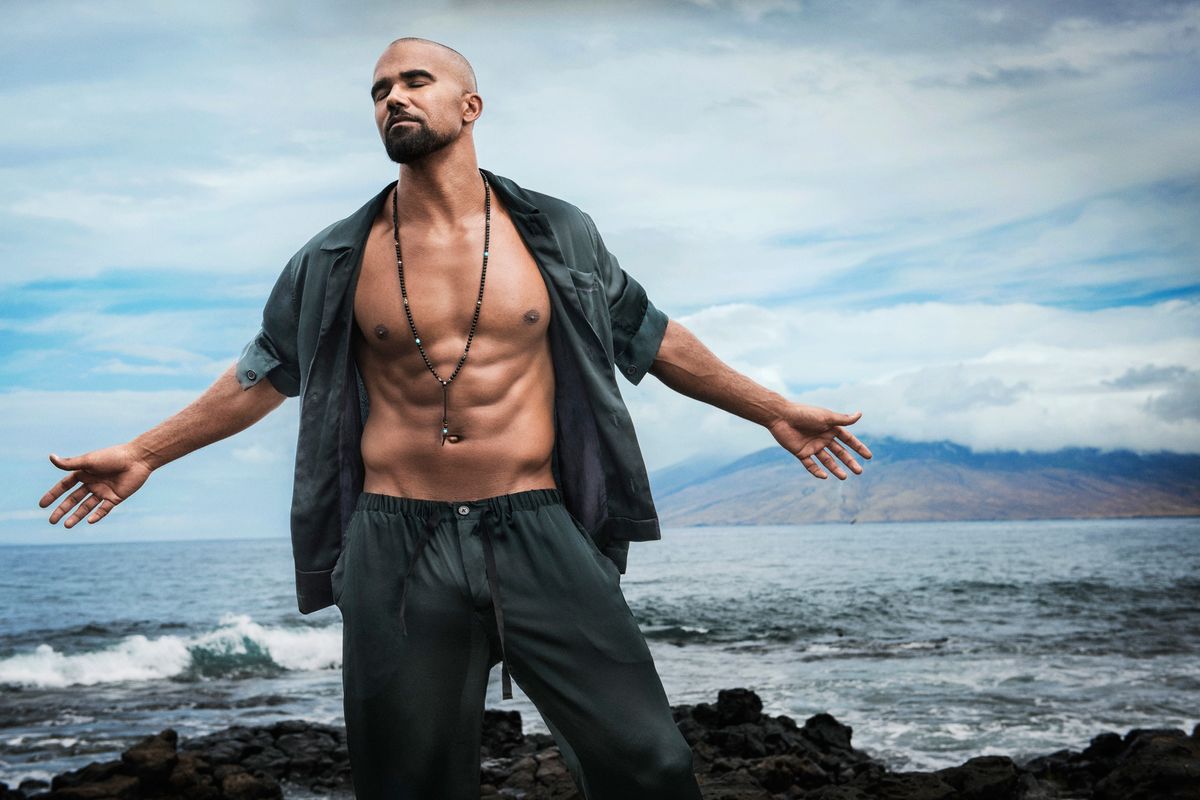 Shemar Moore of SWAT in silk pajamas with open shirt