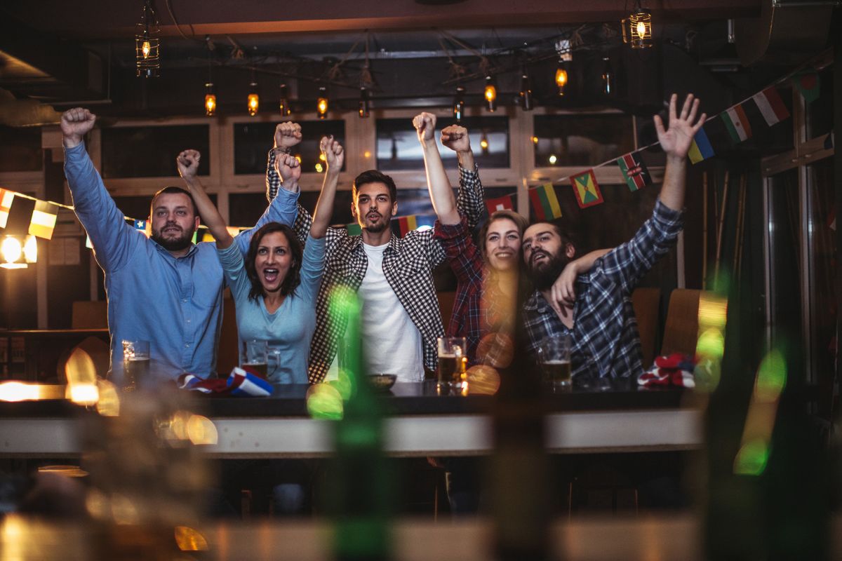 A group of friends drink beer and cheer in a bar for a sports team
