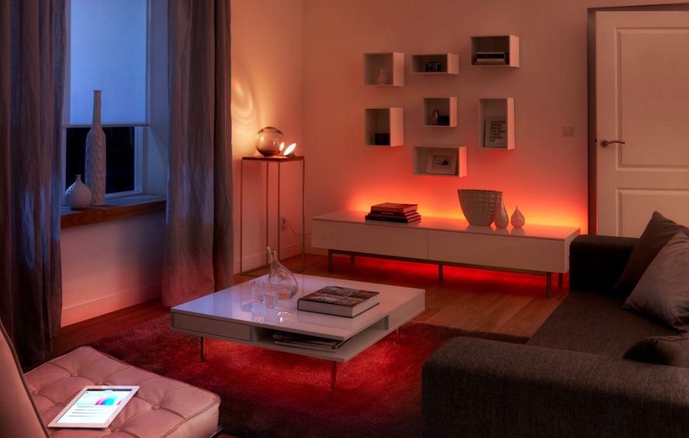 photo of lounge with Philips Hue smart lighting