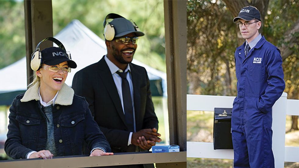 Image of Emily Wickersham and Duane Henry on set and an image of Brian Dietzen carrying a briefcase.