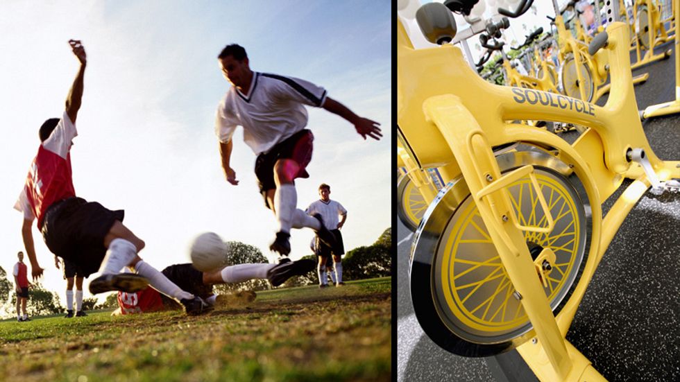 A photo of soccer players in action next to a picture a Soulcycle.