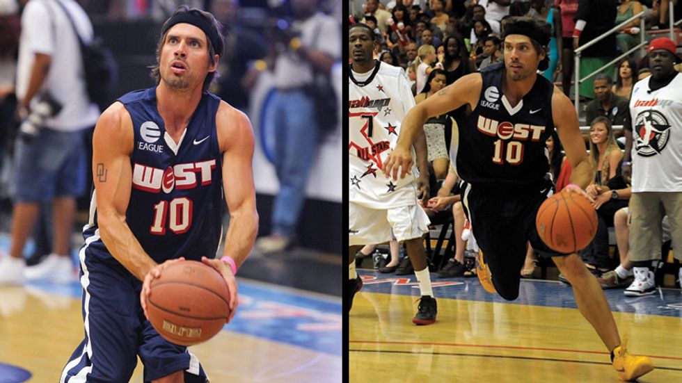 Two action shots of Joshua Morrow playing basketball in a charity sporting event.