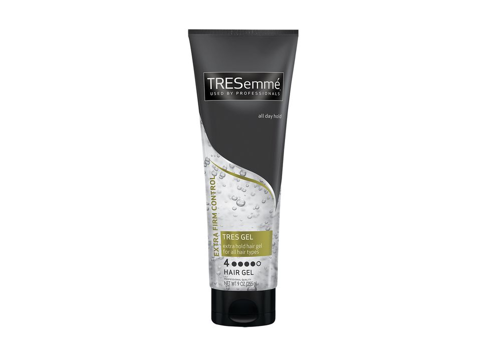 Bottle of TRESemm\u00e9 Extra Hold hair gel against a white background